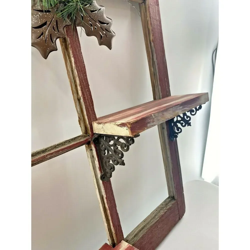 Vintage Red Barn Wood 4 Pane Window Wall Shelf Christmas Hollyberry Shadow Box